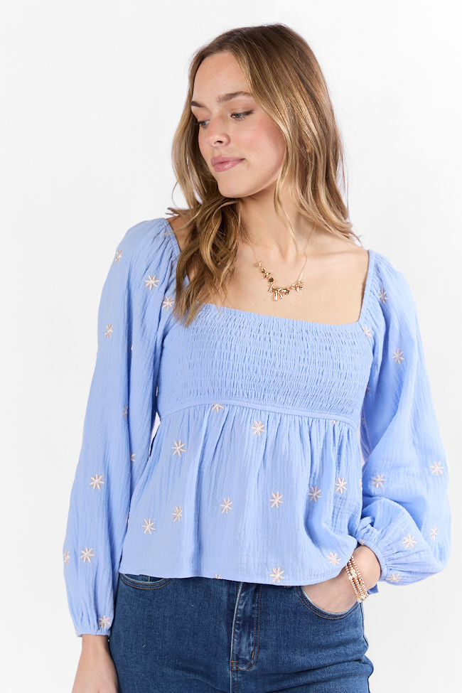 Darling Days Blue Floral Embroidered Gauze Top
