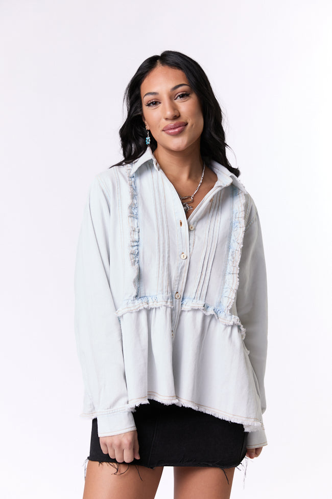 Here To Prove Light Wash Ruffle Trim Peplum Chambray Blouse SALE