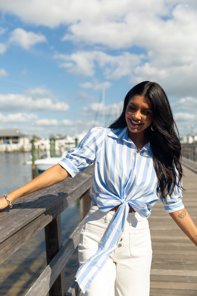 Key To Style Blue Striped Tie Front Collared Blouse SALE