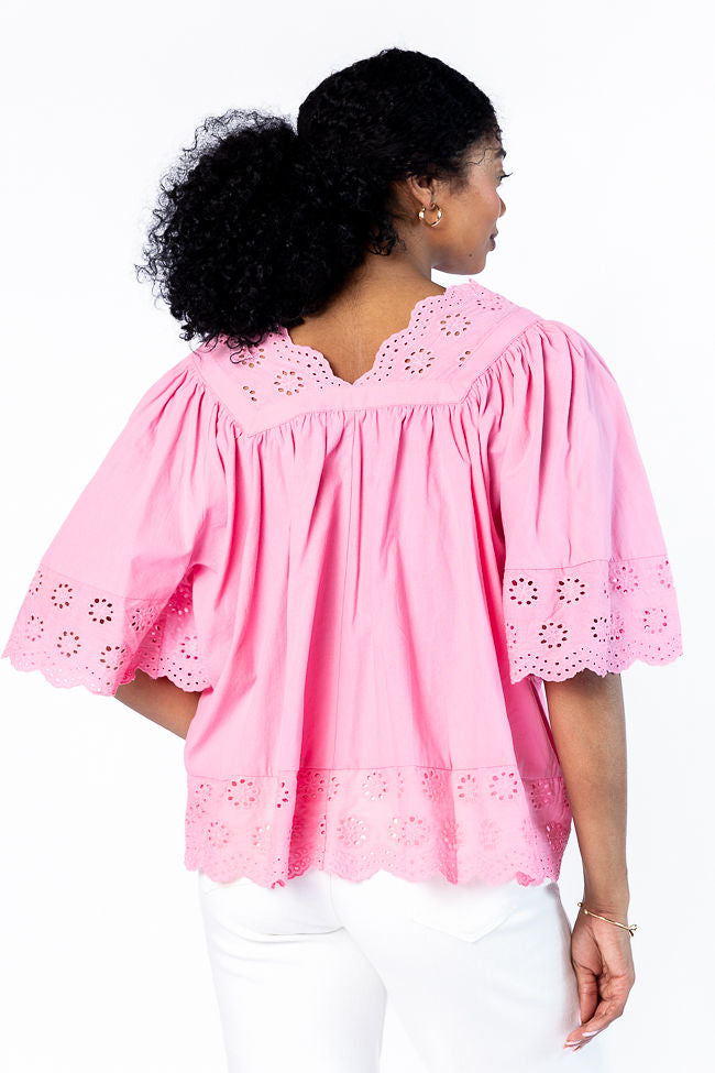 No Regrets Pink Eyelet Detail Popover Short Sleeve Blouse
