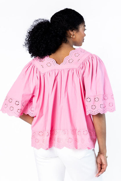 No Regrets Pink Eyelet Detail Popover Short Sleeve Blouse