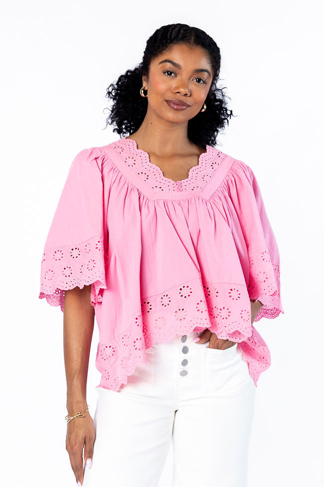 No Regrets Pink Eyelet Detail Popover Short Sleeve Blouse