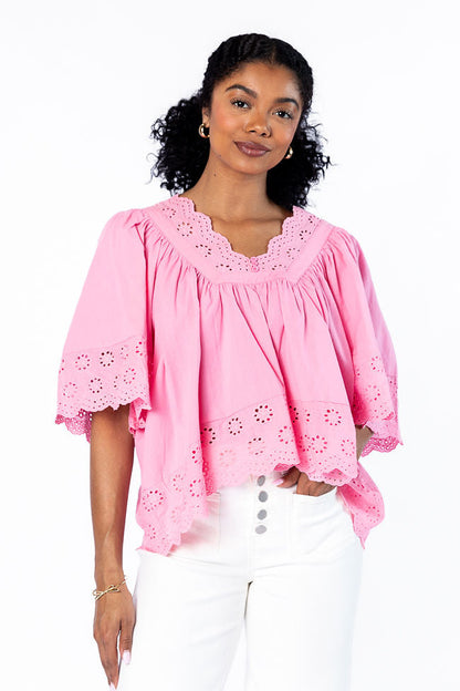 No Regrets Pink Eyelet Detail Popover Short Sleeve Blouse