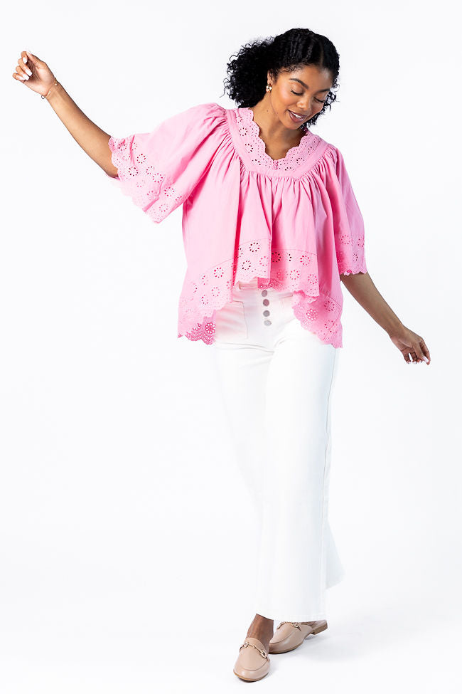 No Regrets Pink Eyelet Detail Popover Short Sleeve Blouse