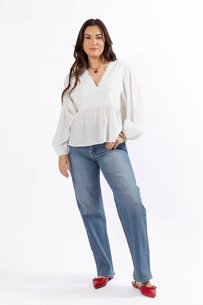 Glistening Lights Ivory Lace Detail Woven Long Sleeve Blouse SALE