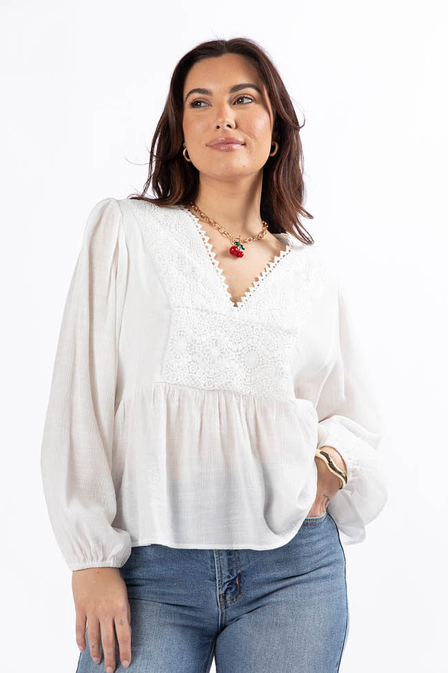 Glistening Lights Ivory Lace Detail Woven Long Sleeve Blouse SALE