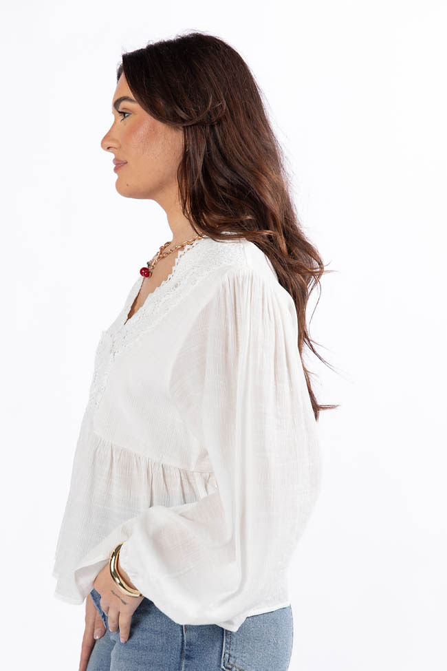 Glistening Lights Ivory Lace Detail Woven Long Sleeve Blouse SALE