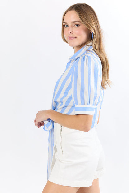 Key To Style Blue Striped Tie Front Collared Blouse SALE