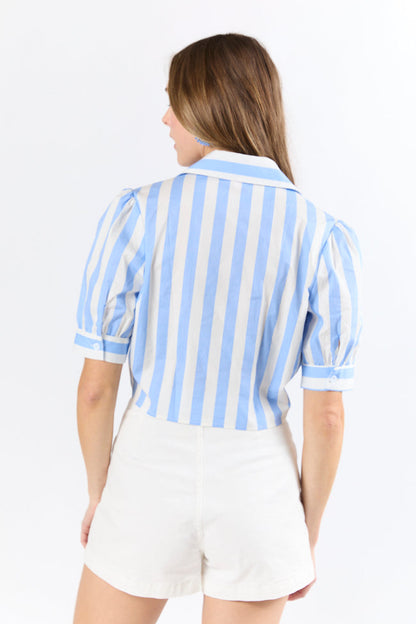 Key To Style Blue Striped Tie Front Collared Blouse SALE