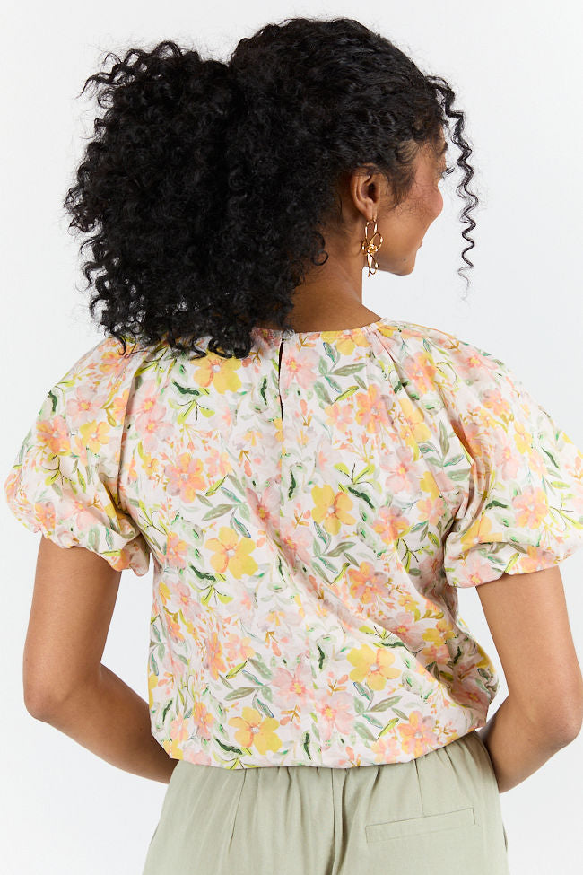 Summer Solstice Yellow Bubble Hem Woven Floral Blouse