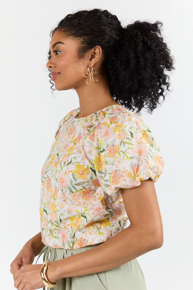 Summer Solstice Yellow Bubble Hem Woven Floral Blouse