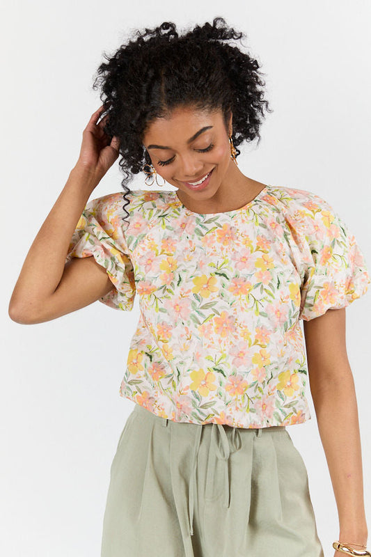 Summer Solstice Yellow Bubble Hem Woven Floral Blouse