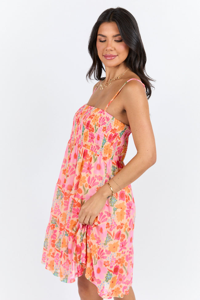 I Know A Place Orange And Pink Floral Smocked Mini Dress FINAL SALE
