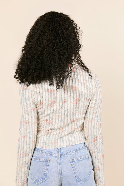 London Button Detail Floral Long Sleeve Knit Top