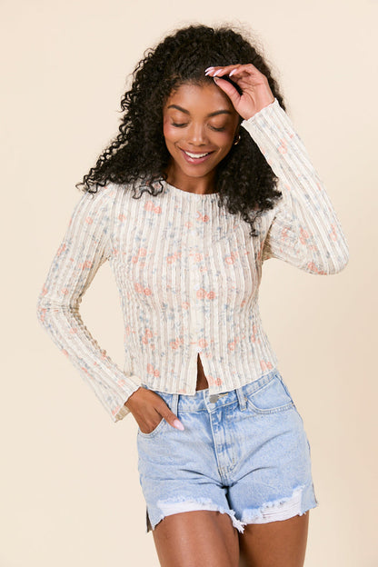 London Button Detail Floral Long Sleeve Knit Top
