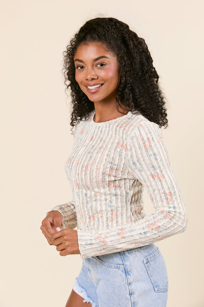 London Button Detail Floral Long Sleeve Knit Top