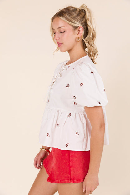 Angela Short Sleeve White Embroidered Football Peplum Top