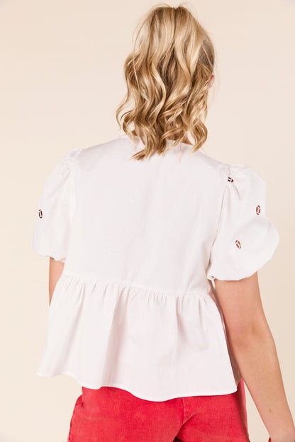 Angela Short Sleeve White Embroidered Football Peplum Top