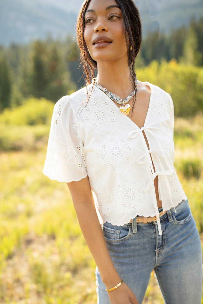 Island Dreamer Ivory Tie Front Eyelet Blouse SALE