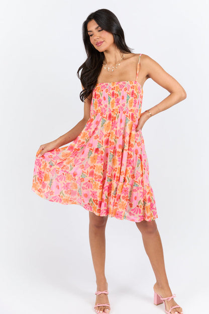 I Know A Place Orange And Pink Floral Smocked Mini Dress FINAL SALE