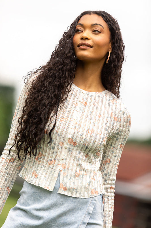 London Button Detail Floral Long Sleeve Knit Top
