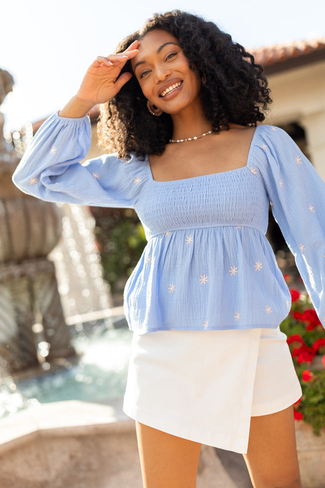 Darling Days Blue Floral Embroidered Gauze Top