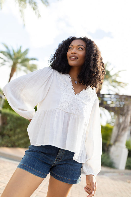 Glistening Lights Ivory Lace Detail Woven Long Sleeve Blouse SALE