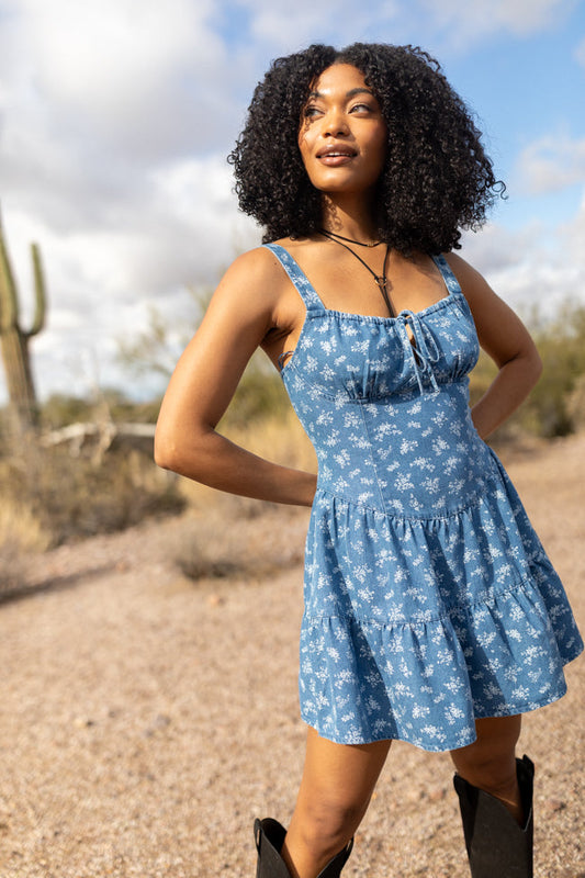 Harmonic Blooms Ditsy Floral Denim Mini Dress SALE