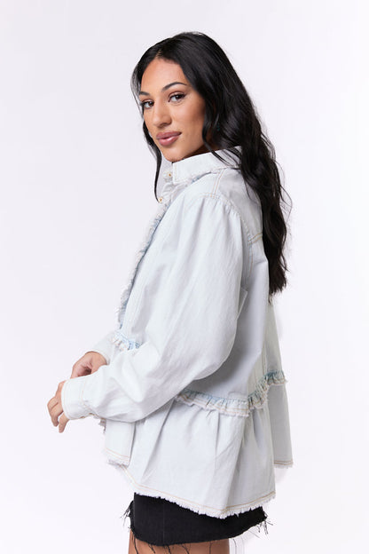 Here To Prove Light Wash Ruffle Trim Peplum Chambray Blouse SALE