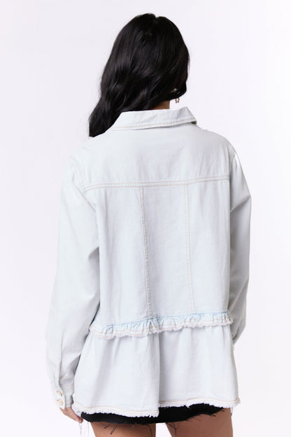 Here To Prove Light Wash Ruffle Trim Peplum Chambray Blouse SALE
